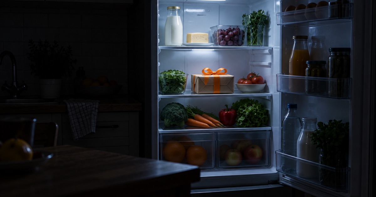 Подарочная коробка стоит внутри открытого холодильника среди продуктов, освещённая холодным светом