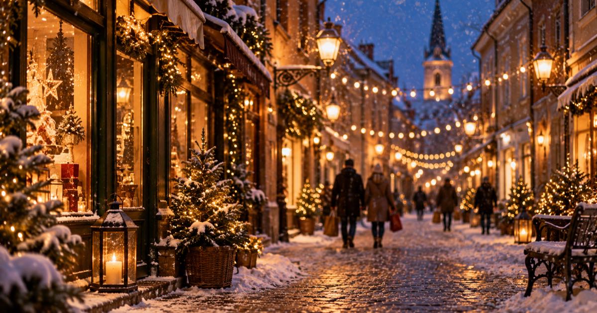 Заснеженная вечерняя улица с гирляндами и светящимися витринами